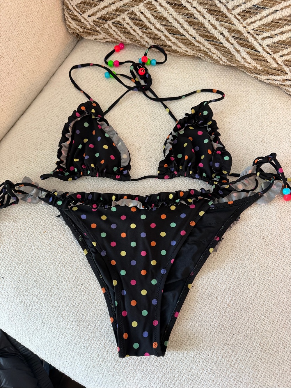 Agent Provocateur Black Polka Dot Ruffle Triangle Bikini